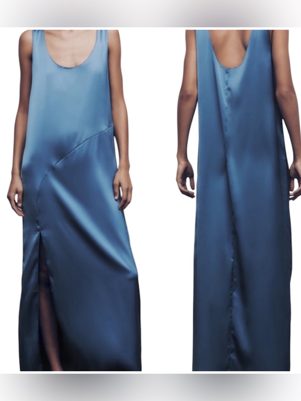 Zara Blue Satin Sleeveless Scoopneck Tank Maxi Dress Small AS-IS